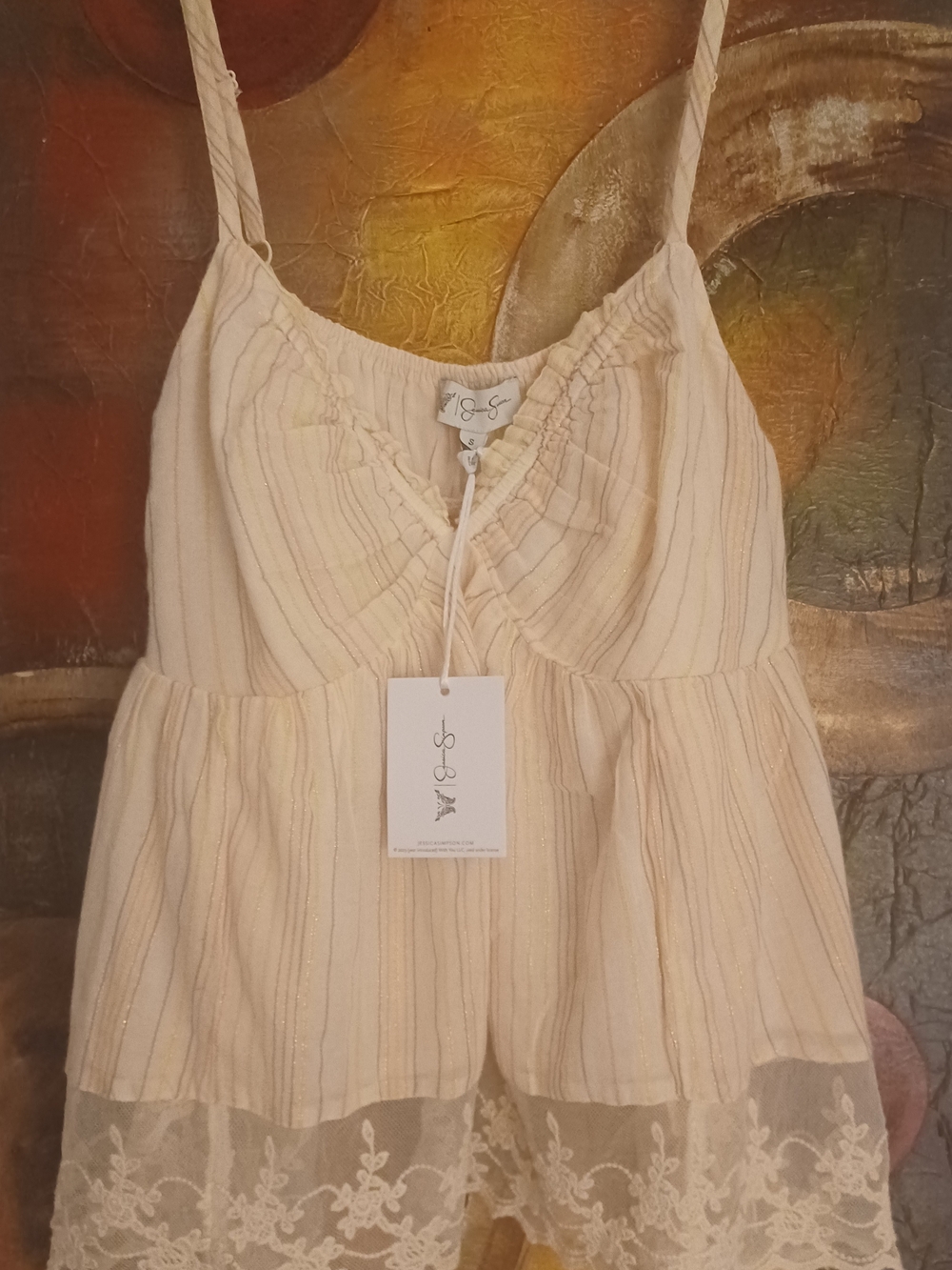 Jessica Simpson Light Cream Striped Lace-Hem Cami Top